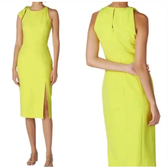 Milly Dresses & Skirts - Milly Cady Caedyn Dress 4 Sheath Midi Tie Neck Citron Yellow Crepe Resort